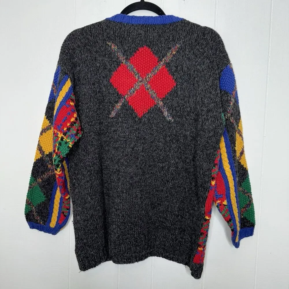 Eagle’s Eye Sport 1995 90s Vintage Men’s Hand Knit Argyle Geo Sweater Size Small